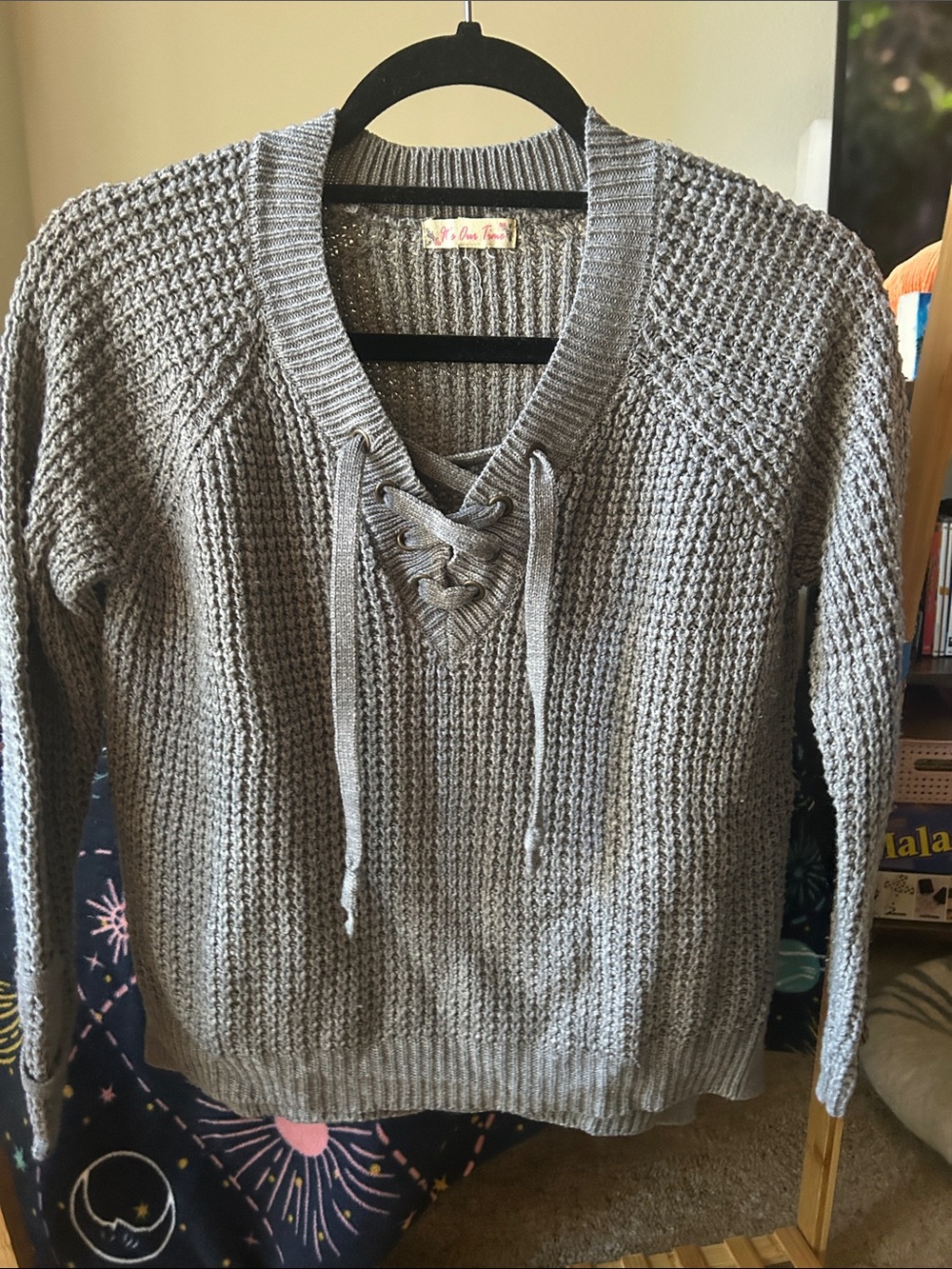 It's Our Time Gray Lace-Up V-Neck Knit Sweater